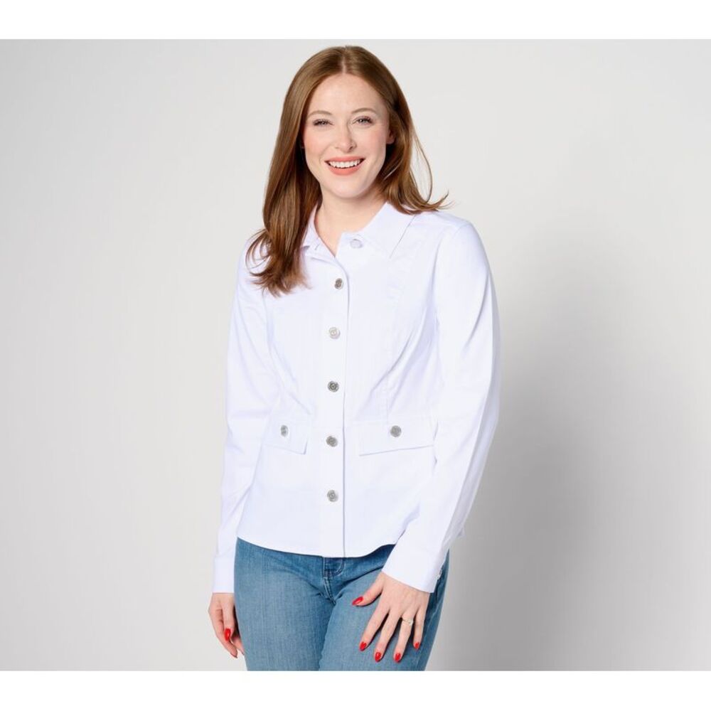 Susan Graver Women's Plus Sz Jacket 2X Uptown Button Front Peplum White A630842